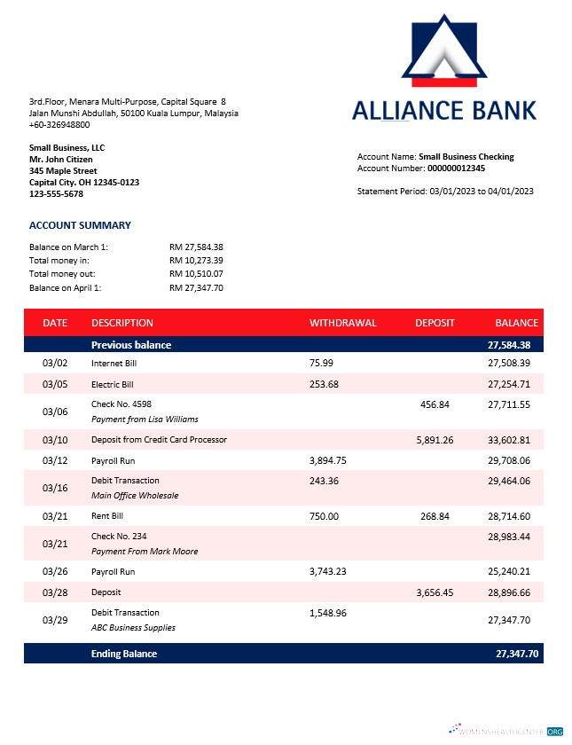 Download Alliance Bank enterprise account statement Word and PDF template Photoshop template